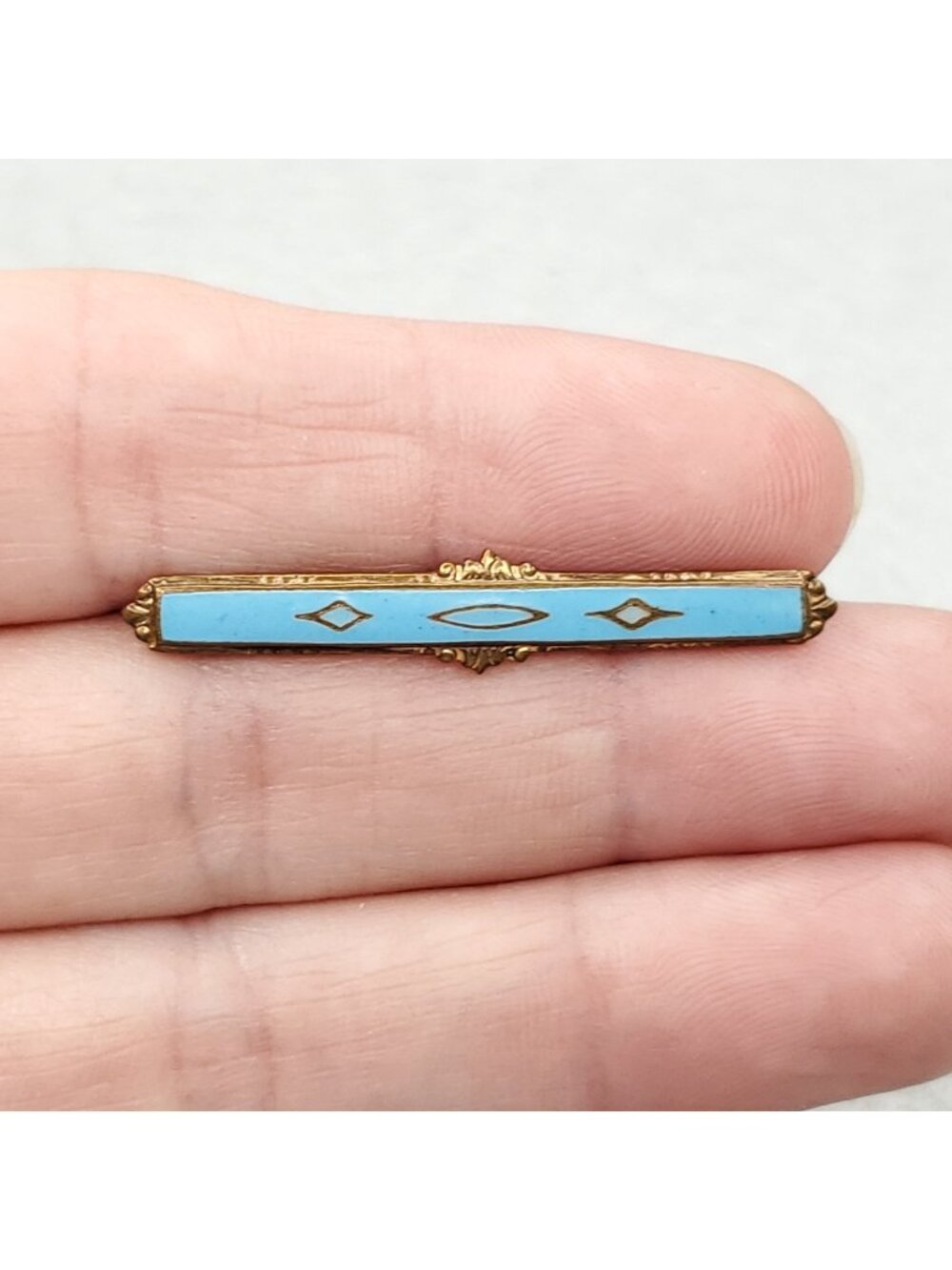 Vintage Bar Brooch Victorian Blue Enamel Gold Tone 1.5"